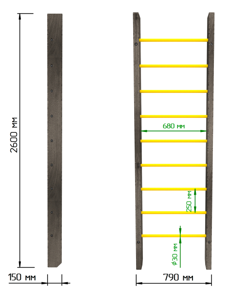 картинка Брашированная шведская стенка "Кастерли" Черный (Желтые ступени) от магазина Лазалка