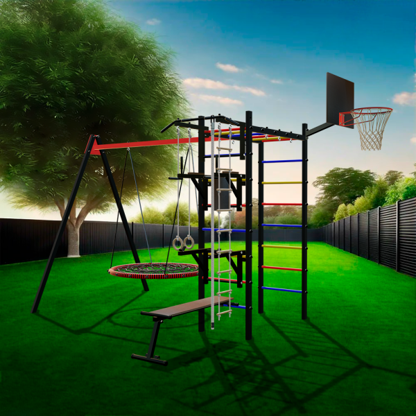 Уличный спортивно-игровой комплекс Sv Sport У3083.1КВ1 (Турник/Брусья/Стойка/Скамья/Гнездо 100см/Подвесы на втулке/Щит баскет/Канат/Кольца/Лестница)