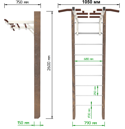 Брашированная шведская стенка "Кастерли" Классик с турником (Белые ступени)